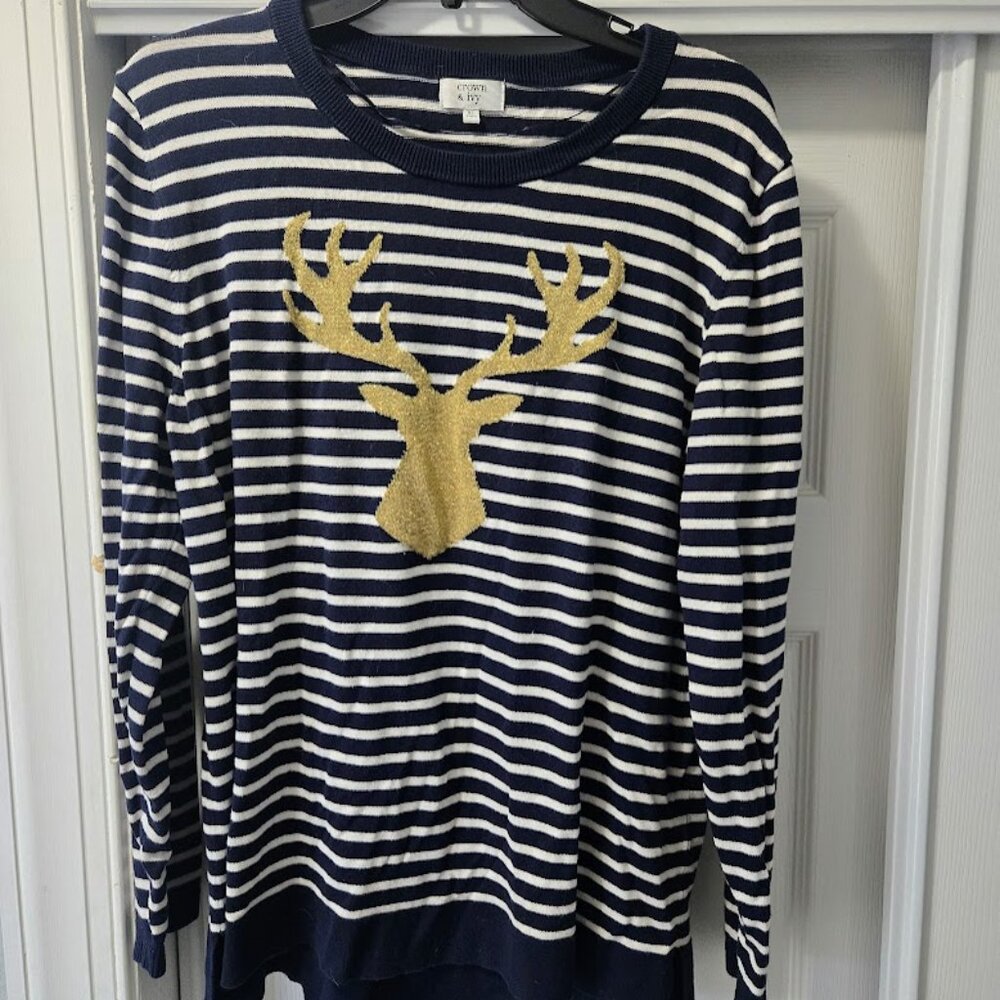 Crown & Ivy‎ navy striped cotton holiday sweater with deer XL